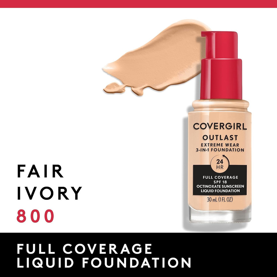 Covergirl Outlast Extreme Wear 3-In-1 Full Coverage Liquid Foundation, Spf 18 Sunscreen, Fair Ivory, 1 Fl. Oz