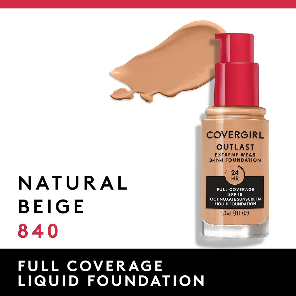 Covergirl Outlast Extreme Wear 3-In-1 Full Coverage Liquid Foundation, Spf 18 Sunscreen, Classic Ivory, 1 Fl. Oz