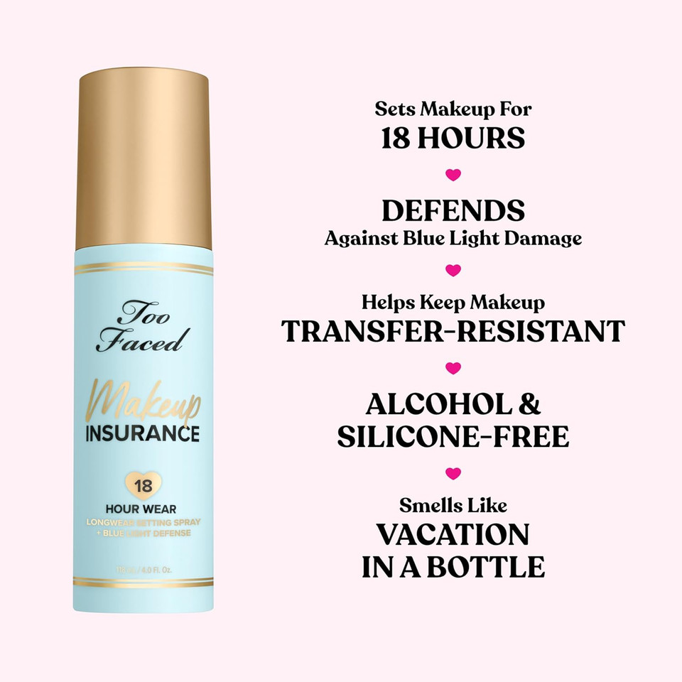 Too Faced Makeup Insurance Setting Spray | Hydrating, Long Lasting, Vegan + Cruelty Free, 4 Fl Oz Too Faced Makeup Insurance Setting Spray | Hydrating, Long Lasting, Vegan + Cruelty Free, 4 Fl Oz