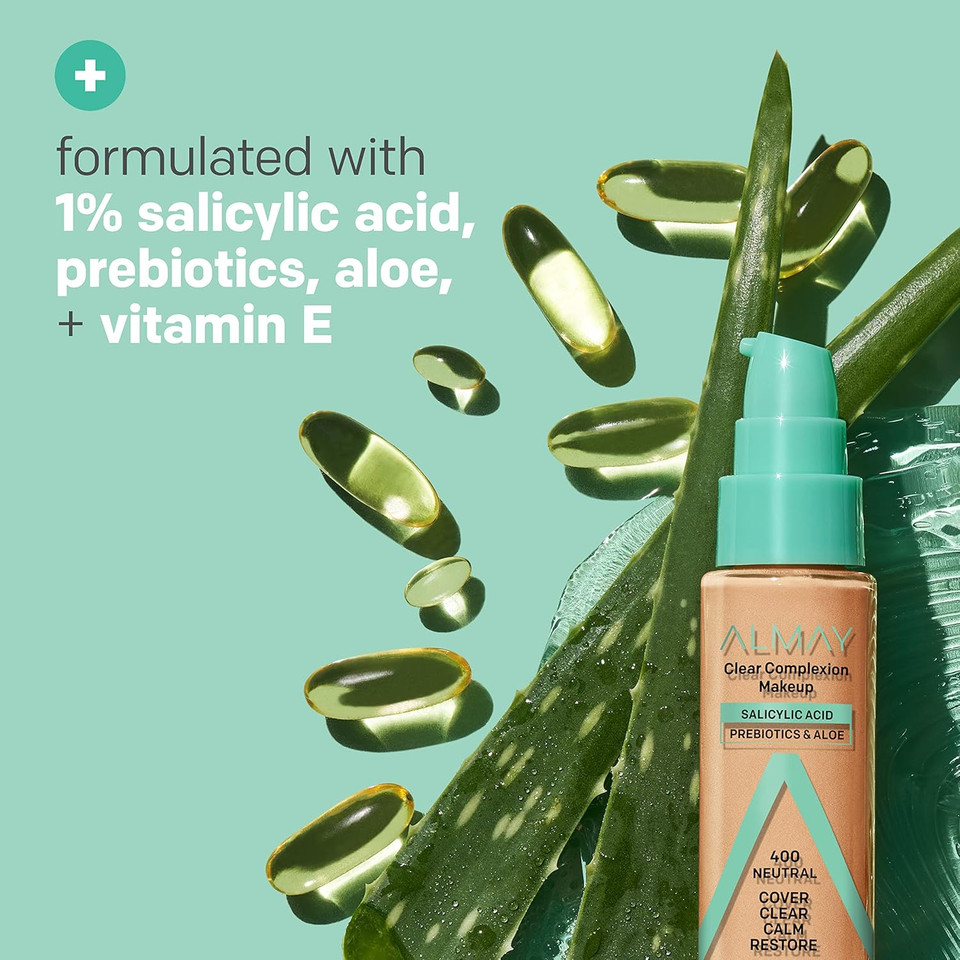 Almay Clear Complexion Acne Foundation Makeup With Salicylic Acid, Medium Coverage, Soft Matte Finish, Hypoallergenic, Cruelty- & Fragrance-Free, Dermatologist Tested, 730 Golden Caramel, 1 Fl Oz