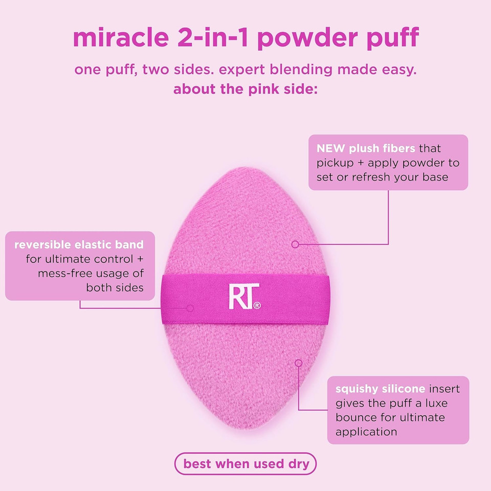 Real Techniques Miracle 2-In-1 Powder Puff, Dual-Sided, Full-Size Makeup Blending Puff, Reversible Elastic Band, Precision Tip Makeup Sponge & Powder Puff, For Liquid, Cream & Powder, 2 Count