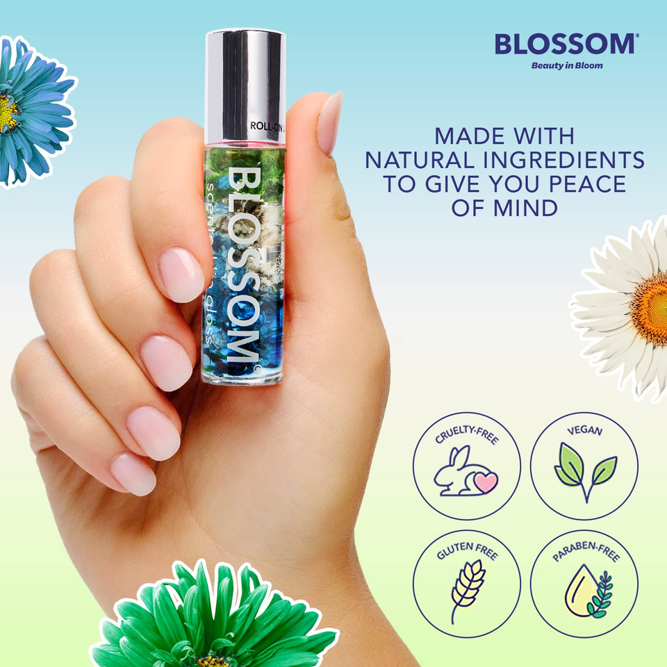 Blossom Roll On Lip Gloss, Scented Clear High Shine Moisturizing Lip Oil, Non Sticky, Infused With Real Flowers, Made In Usa, 0.2Oz, Strawberry Rainbow