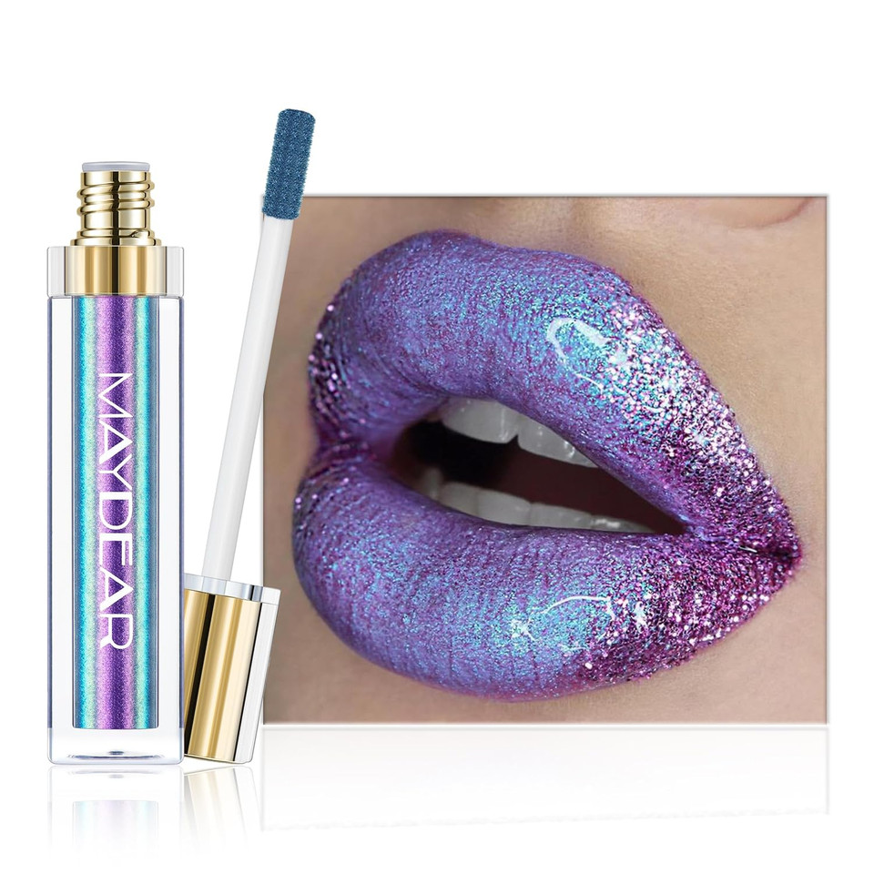 Maydear Chameleon Lipstick, High Pigmented For Women Metallic Shine Lip Gloss, Full-Coverage Multichrome Long Lasting Rainbow Makeup, Blue Purple