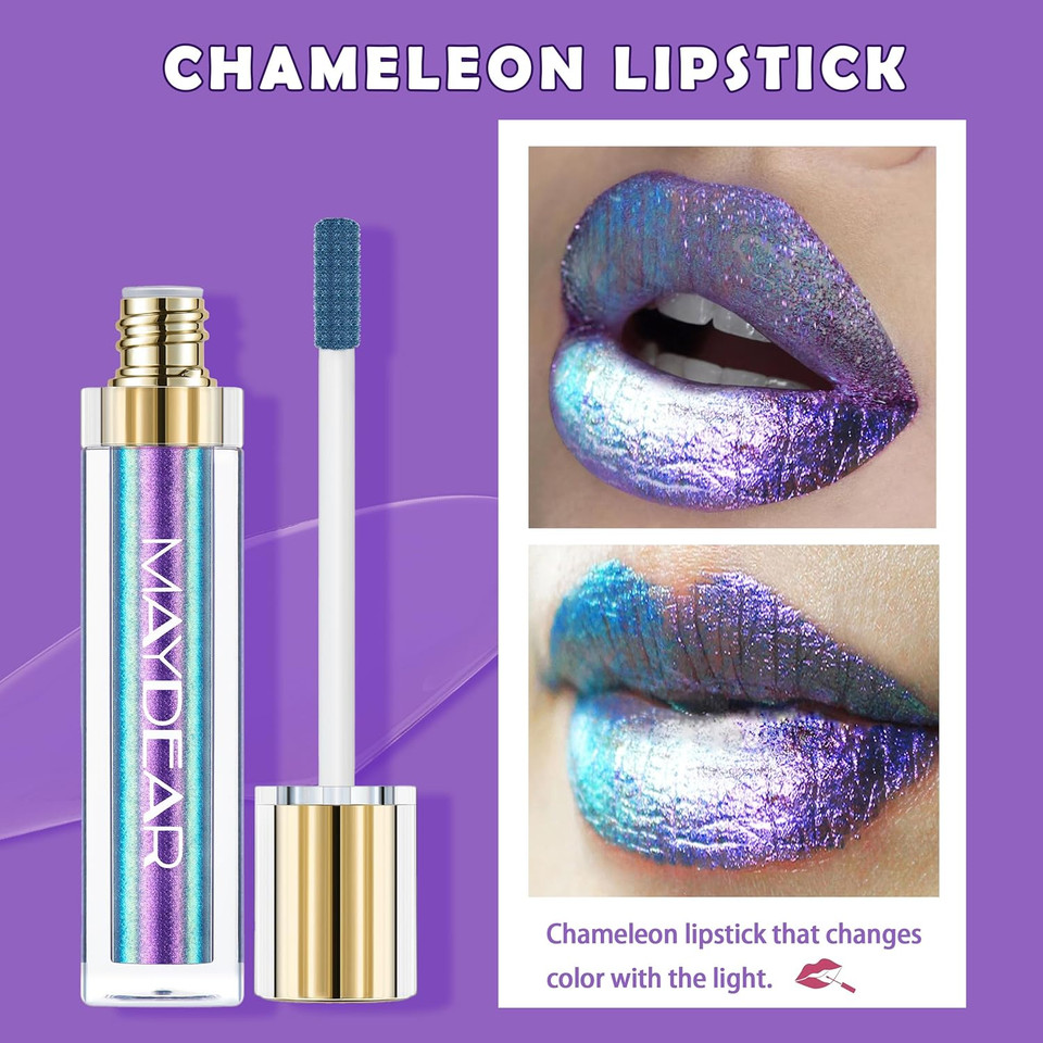 Maydear Chameleon Lipstick  Metallic Multichrome Lipstick, Long-Lasting, Fuchsia Green (08)