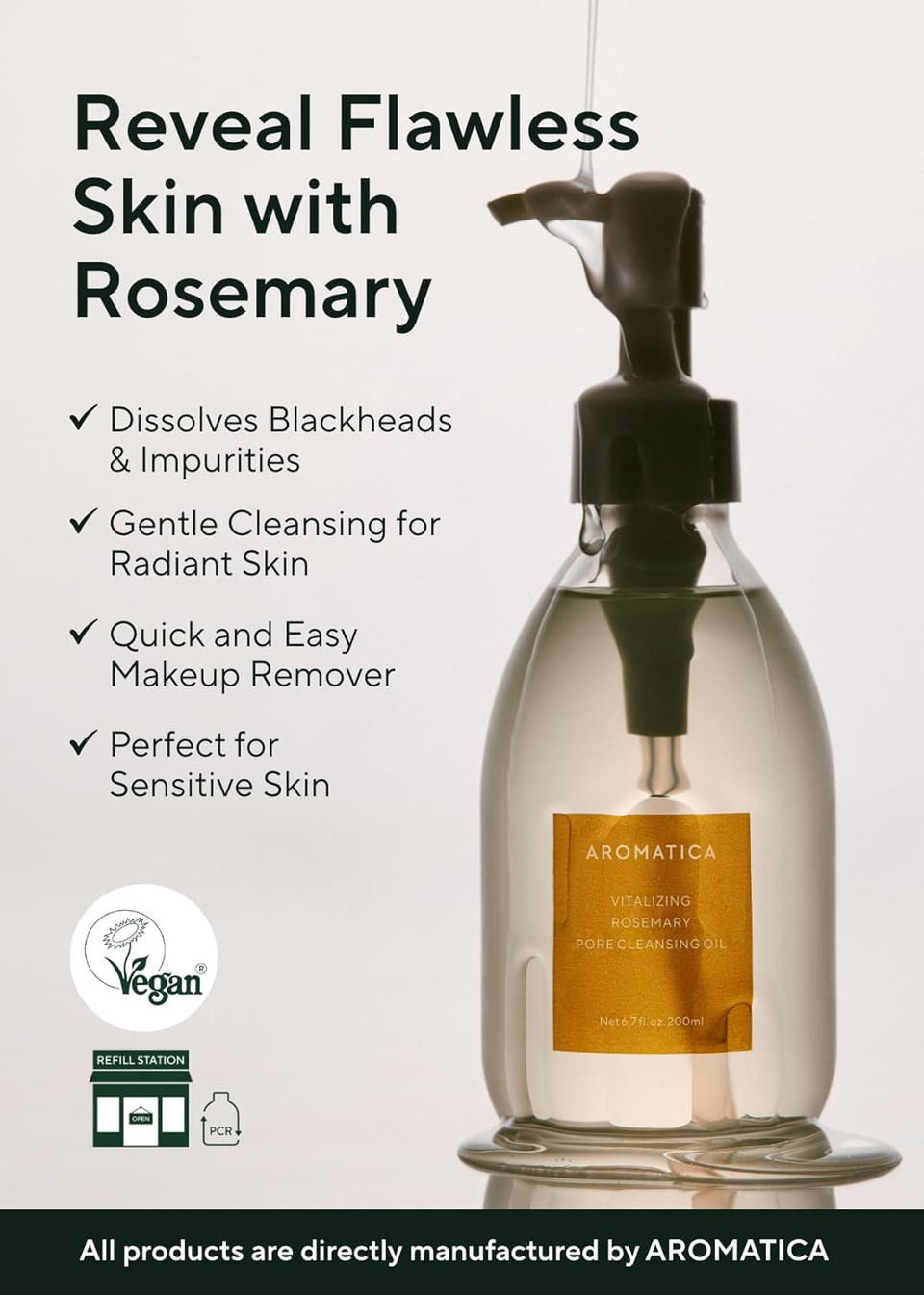 Aromatica Vitalizing Rosemary Pore Cleansing Oil 6.7 Fl Oz./200Ml  Double Cleanser & Makeup Remover, Oil-Based For Gentle Sebum Control, With Fermented Moringa & Essential Oils