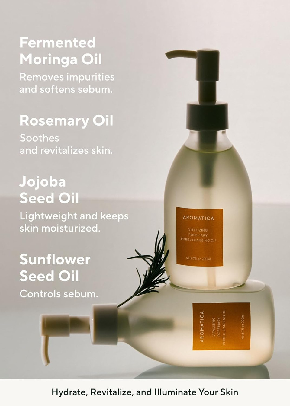 Aromatica Vitalizing Rosemary Pore Cleansing Oil 6.7 Fl Oz./200Ml  Double Cleanser & Makeup Remover, Oil-Based For Gentle Sebum Control, With Fermented Moringa & Essential Oils