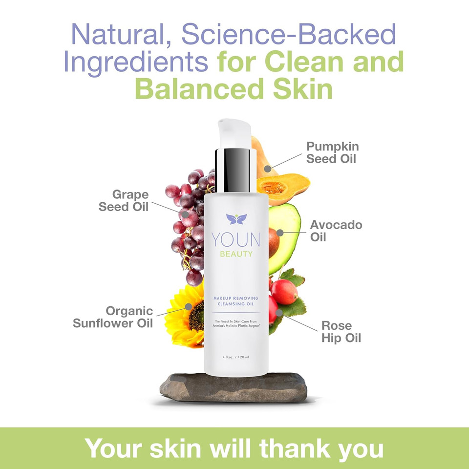 Youn Beauty Makeup Removing Cleansing Oil By Holisitic Plastic Surgeon Dr. Anthony Youn | Hydrating Cleanser With Grape Seed, Sunflower & Rose Hip Oils | For All Skin Types, 120 Ml