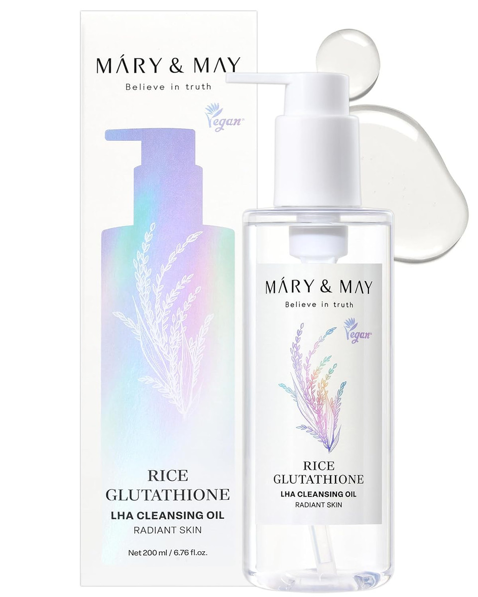 Mary&May Rice Glutathione Lha Cleansing Oil - Deep Pore Cleansing, Blackhead & Whitehead Removal - Korean Makeup Remover With Rice Bran Oil, Gentle Exfoliation, Clean Beauty, 6.76 Fl.Oz