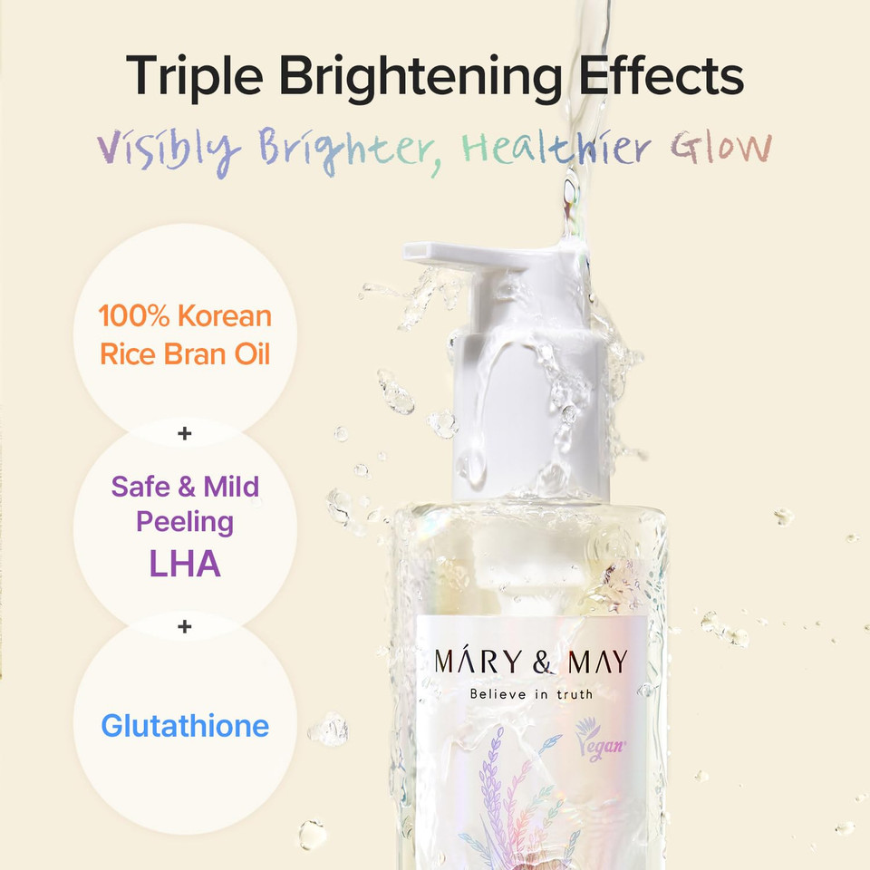 Mary&May Rice Glutathione Lha Cleansing Oil - Deep Pore Cleansing, Blackhead & Whitehead Removal - Korean Makeup Remover With Rice Bran Oil, Gentle Exfoliation, Clean Beauty, 6.76 Fl.Oz