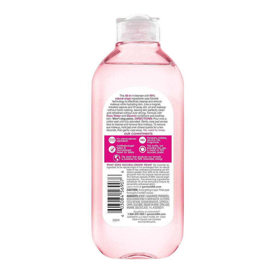 Garnier Micellar Water With Rose Water And Glycerin, Hydrating Facial Cleanser & Makeup Remover, For All Skin Types, Vegan, Cruelty Free, 23.7 Fl Oz (700Ml), 1 Count