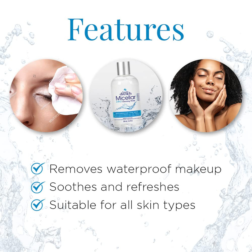 Body Drench 3-In-1 Micellar Water Makeup Remover, Facial Cleanser & Hydrating Water For Sensitive Skin, Removes Waterproof Makeup, 8.5 Fl Oz
