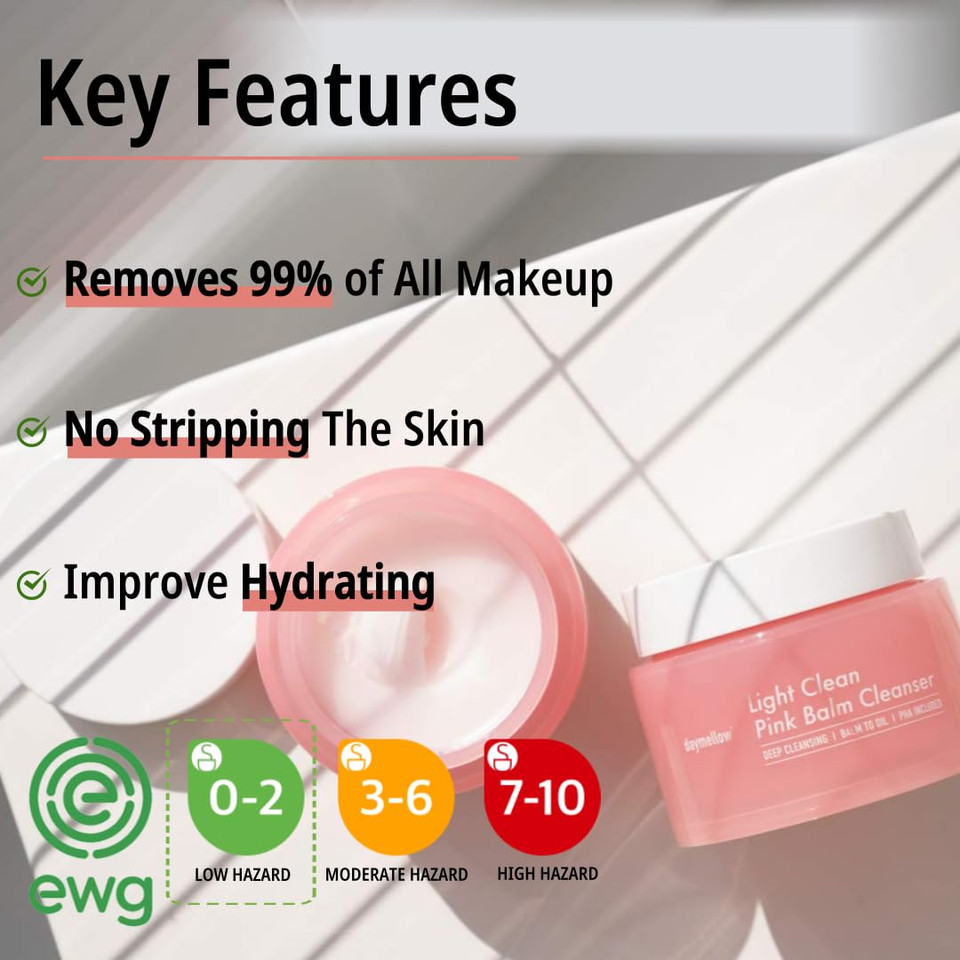 Daymellow Light Clean Pink Balm Cleanser 3.04Fl.Oz/90Ml, Face Cleansing Balm, Deep Cleanser, Makeup Remover, Pore Cleansing, Gentle Exfoliating, Moisturizing, Blackhead Remover, Korean Skincare