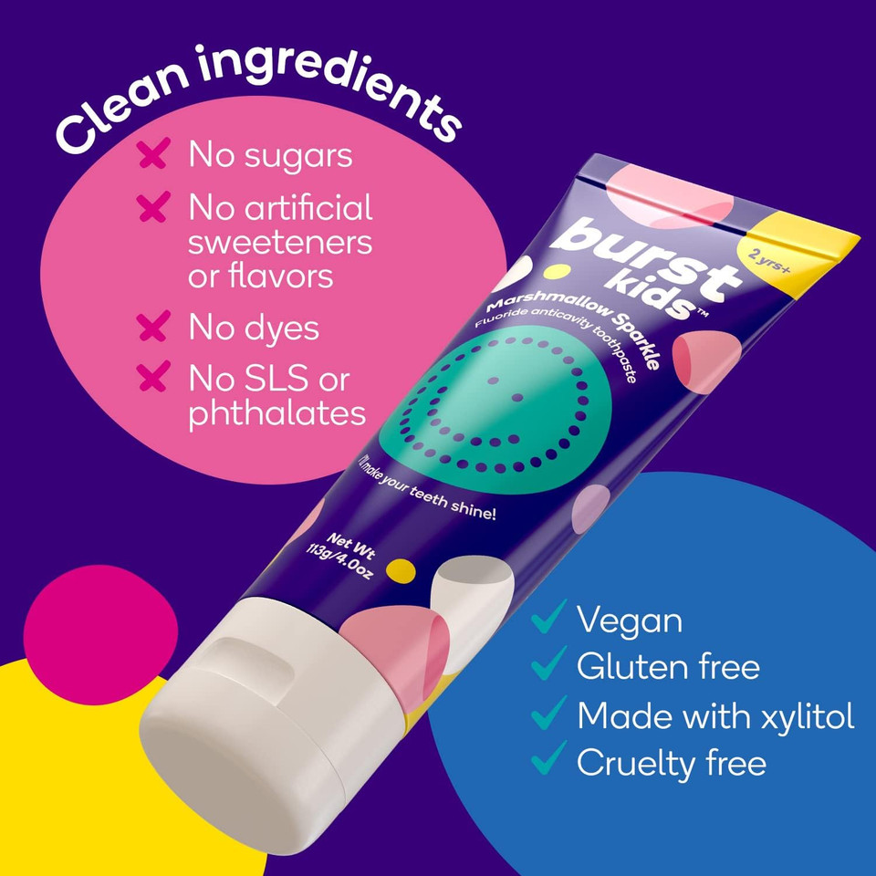 Burst Fluoride Free Strawberry Kids Toothpaste (4Oz) | Great Tasting | Dye Free For Baby & Toddler Age 0+ | With Nano Hydroxyapatite