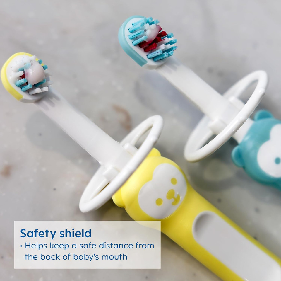 Mam Baby Toothbrushes (2 Baby'S Brushes And 1 Safety Shield), Toothbrushes With Brushy The Bear Character, Interactive App, For Boys 6+ Months, Blue