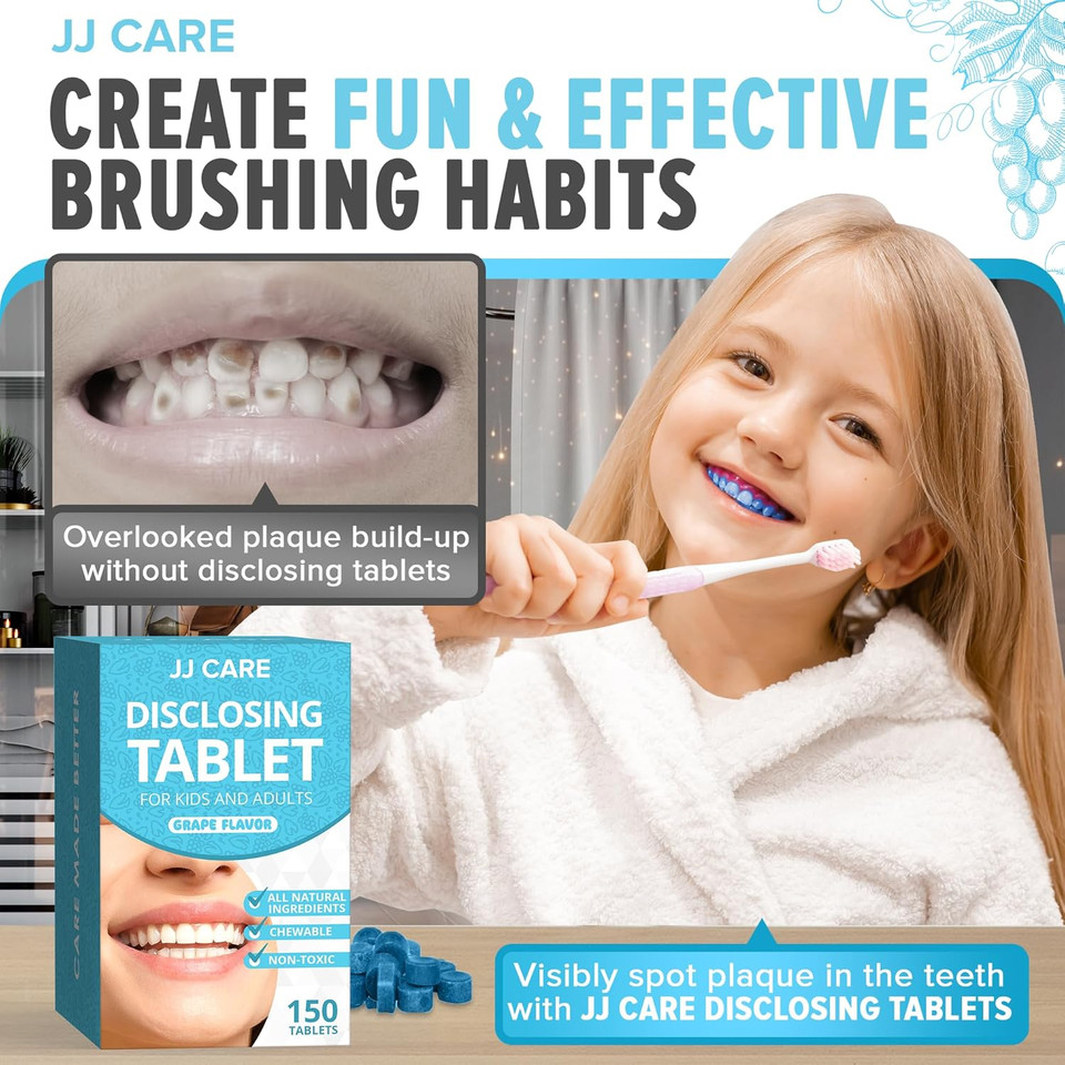 Jj Care Plaque Disclosing Tablets For Teeth - 150 Count, Individually Wrapped Plaque Disclosing Tablets For Kids Brushing Teeth, Grape Flavored Plaque Remover, Dental Care For Brushing