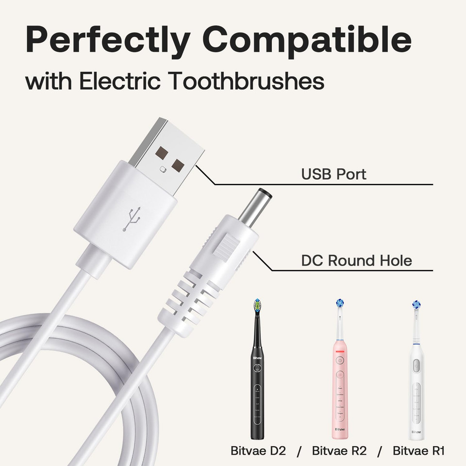 Bitvae Replacement Charger Cable, Fits D2/R1/R2/S2 Electric Toothbrush, C2/C5/C6 Water Dental Flosser, Usb Dc Charging Cord, White Bitvae Replacement Charger Cable, Fits D2/R1/R2/S2 Electric Toothbrush, C2/C5/C6 Water Dental Flosser, Usb Dc Charging Cord, White