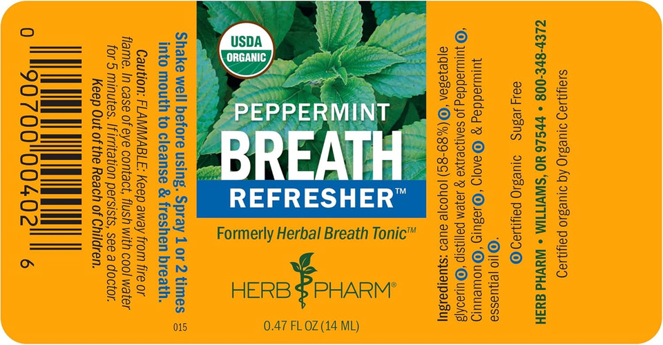 Herb Pharm Breath Refresher Certified Organic Herbal Fresh Breath Spray, Peppermint
