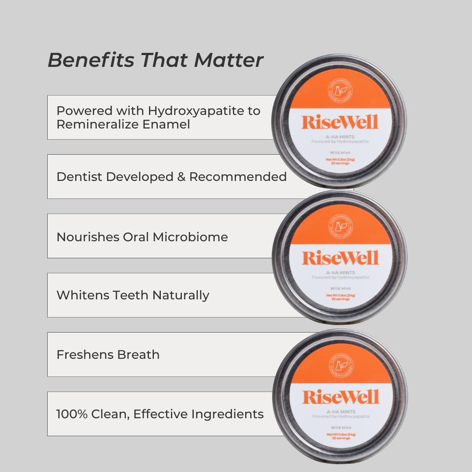 Risewell A-Ha Mint - Xylitol Mints For Dry Mouth - Hydroxyapatite Sugar Free Breath Mints - Promotes Remineralization And Freshens Breath, On-The-Go Oral Mint, 30 Count