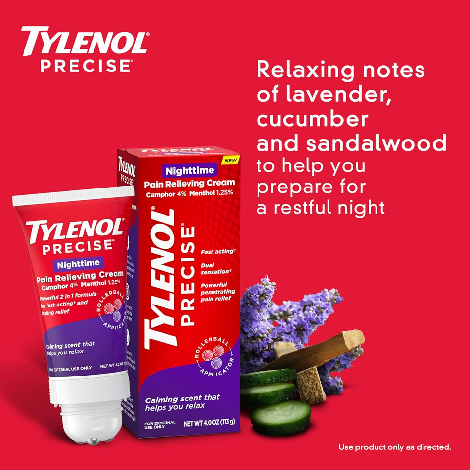 Tylenol Precise Nighttime Pain Relieving Cream, Topical Relief With 4% Camphor & 1.25% Menthol For Fast Acting & Penetrating Joint & Muscle Pain Relief, Calming Scent For Relaxation, 4 Oz