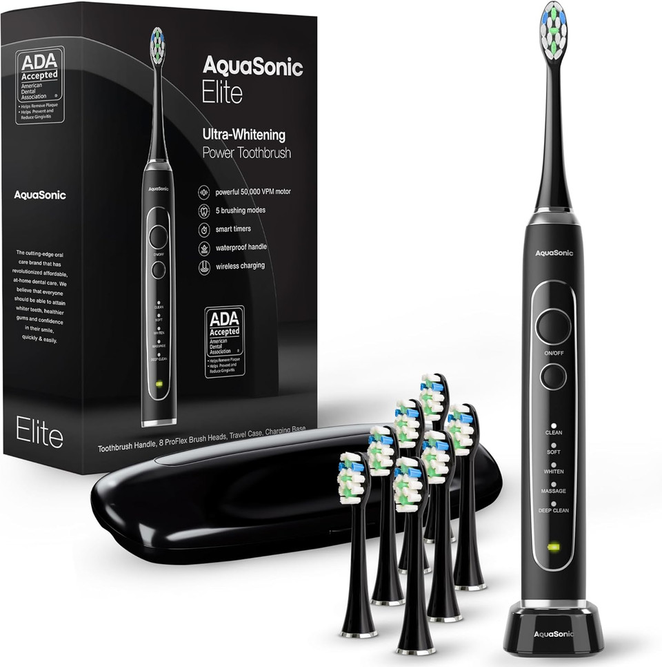 Aquasonic Elite Ultra-Whitening Toothbrush  Ada Accepted Power Toothbrush - 8 Proflex Brush Heads & Travel Case  50,000 Vpm Motor & Wireless Charging - 5 Modes W Smart Timer (Black)