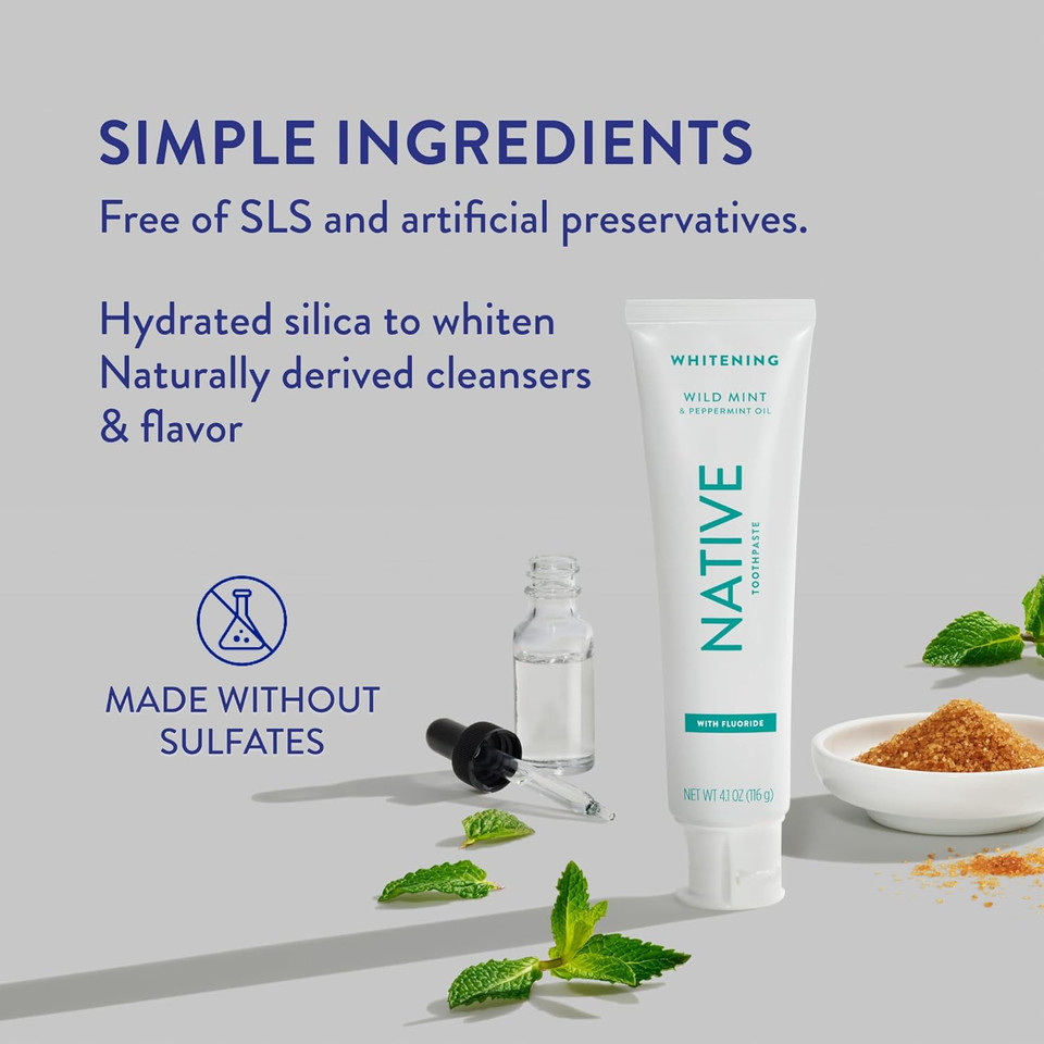 Native Toothpaste Made From Naturally-Derived Cleaners And Simple Ingredients That Safely Whitens Teeth, 4.1 Oz, Wild Mint With Fluoride - 3 Count