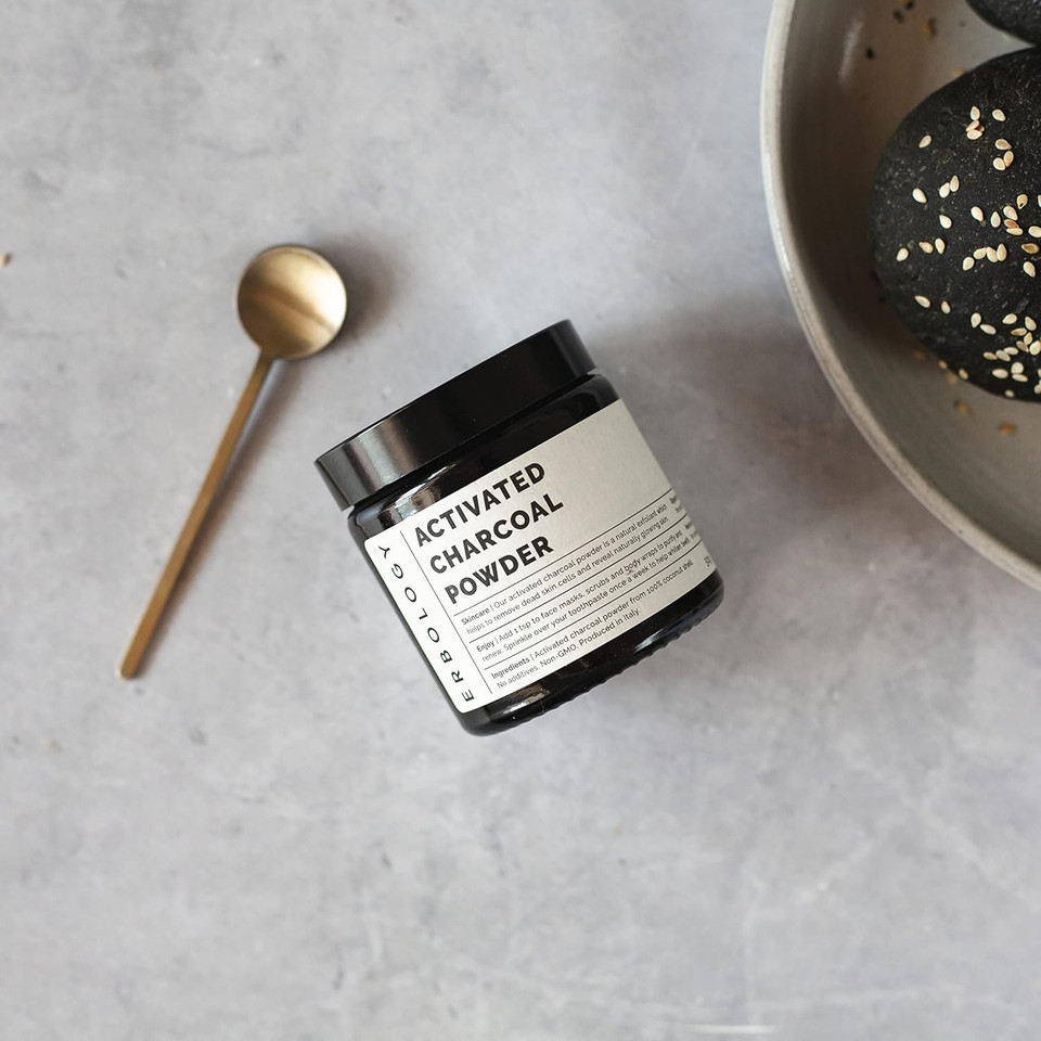 Erbology Activated Charcoal Powder 1.8 Oz - Teeth Whitening - Add To Face Masks, Toothpaste And Body Wraps For Natural Exfoliation - Natural Digestive Aid - Vegan - Recyclable Glass Jar