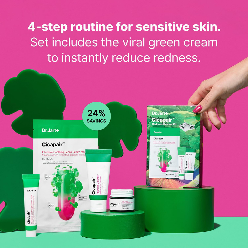 Dr.Jart+ Cicapair Redness Rescue Korean Skin Care Set, Travel Size Value Gift Set With Cicapair Color Correcting Cream, Face Wash, Cream Moisturizer, And Face Mask