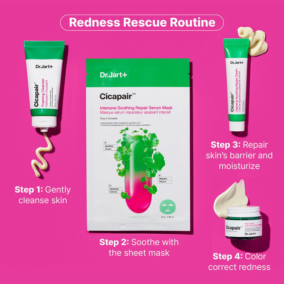 Dr.Jart+ Cicapair Redness Rescue Korean Skin Care Set, Travel Size Value Gift Set With Cicapair Color Correcting Cream, Face Wash, Cream Moisturizer, And Face Mask