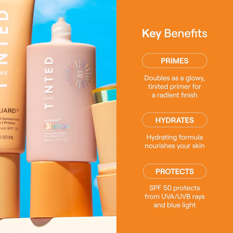Live Tinted Hueguard Glotion Mineral Tinted Sunscreen For Face Spf 50  Lightweight Fragrance-Free Sunscreen  Clean & Vegan Primer With Spf - Light Medium .5 Fl Oz