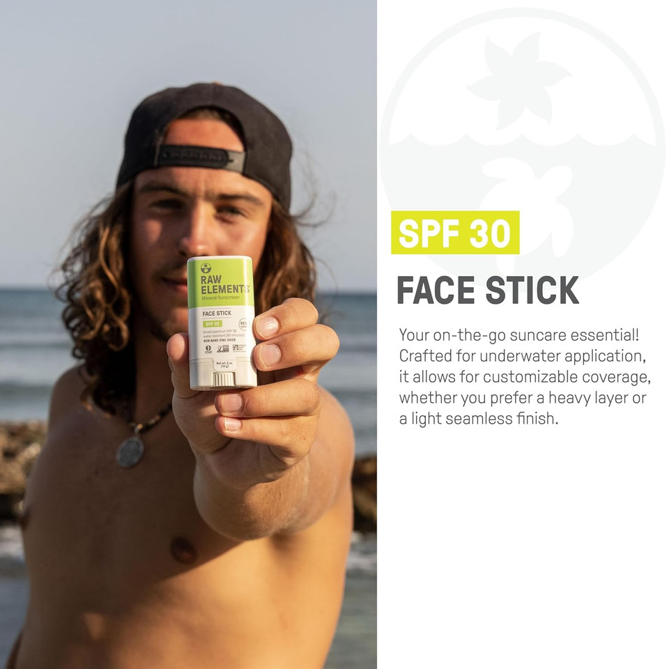 Raw Elements Face All-Natural Mineral Sunscreen Stick, Non-Nano Zinc Oxide, 95% Organic, Water-Resistant 80 Min, Reef Safe, All Ages Safe, Spf 30+, Travel Sunblock 0.5 Oz
