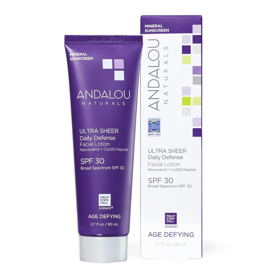 Andalou Naturals Age Defying Face Sunscreen, Spf 30 Zinc Oxide Mineral Sunscreen, Ultra Sheer Daily Defense Face Lotion, Helps Hydrate Skin, Gentle & Lightweight - 2.7 Fl. Oz