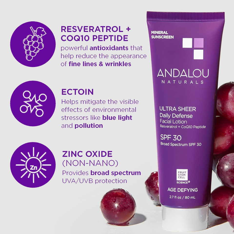 Andalou Naturals Age Defying Face Sunscreen, Spf 30 Zinc Oxide Mineral Sunscreen, Ultra Sheer Daily Defense Face Lotion, Helps Hydrate Skin, Gentle & Lightweight - 2.7 Fl. Oz