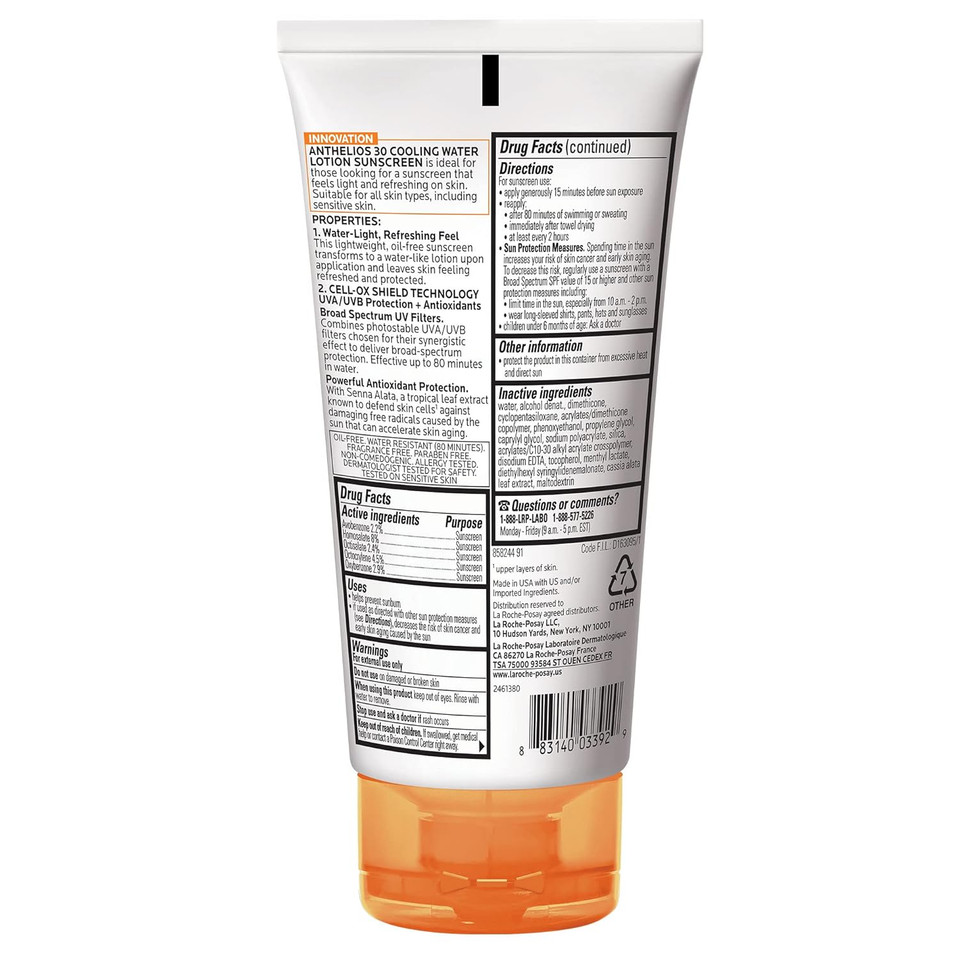 La Roche-Posay Anthelios Cooling Water Sunscreen Lotion For Face & Body, Broad Spectrum Spf + Antioxidants, Fast Absorbing Water-Like Texture, Oil Free Sunscreen, Spf 60, Spf 30
