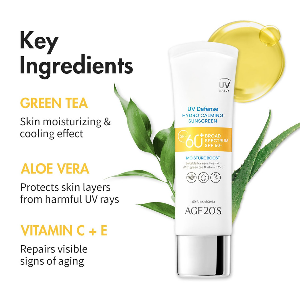 Age20'S Uv Defense Hydro Calming Sunscreen Spf 60+ | Korean Sunscreen | Moisturizing Creamy Formula, No White Cast, Lightweight Finish | Green Tea + Aloe Vera | Dermatest Excellent | 1.69 Fl.Oz*1