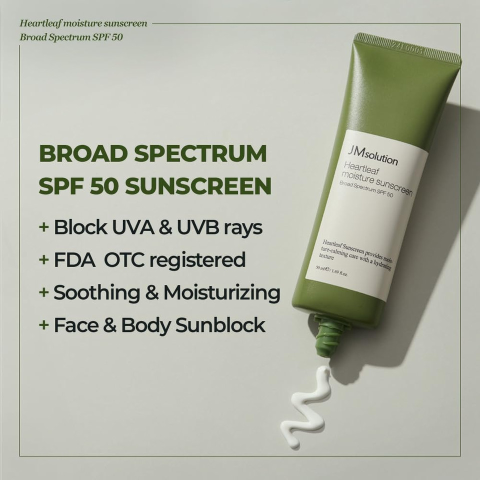 Jmsolution Heart Leaf Sunscreen Spf 50  Made In Usa, Calming Uv Protection With Heart Leaf & Centella Asiatica  Lightweight Hydrating Face Sunscreen For Sensitive Skin