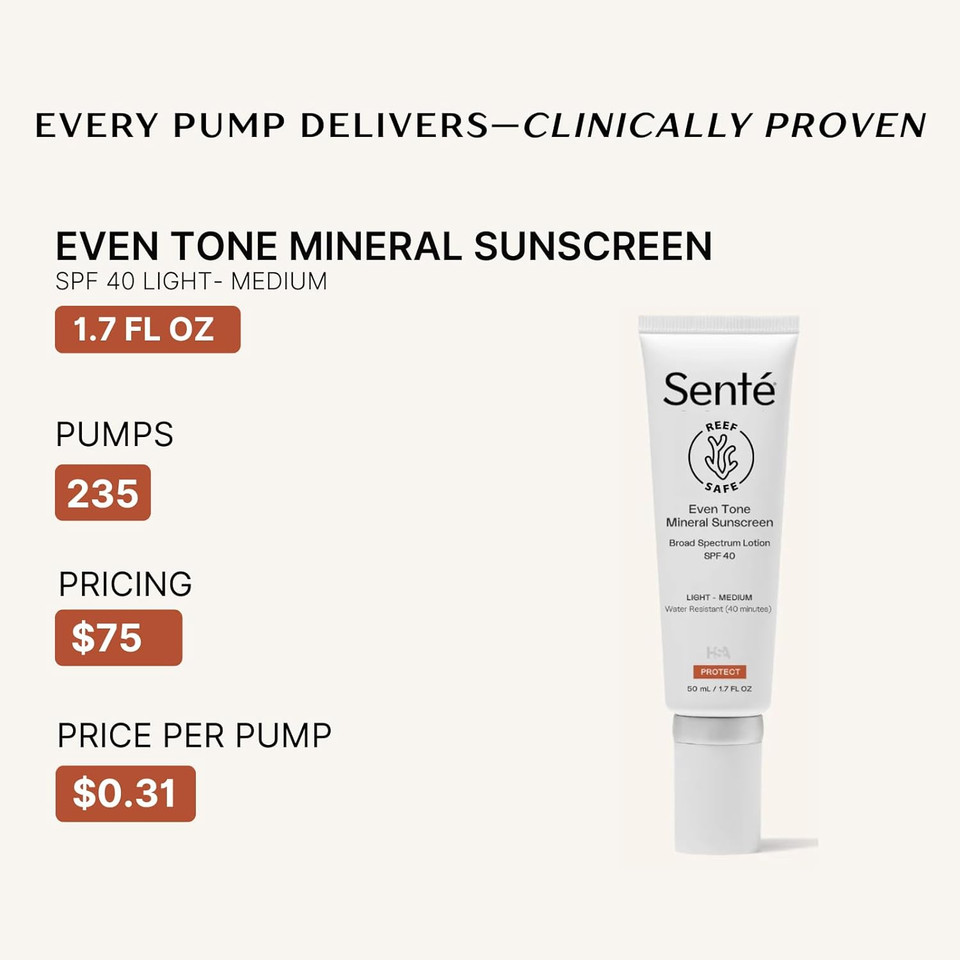 Senté Even Tone Mineral Sunscreen Tinted | Hydrating & Lightweight Uva/Uvb Protection | Reduces Redness & Discoloration | 40-Min Water-Resistant | 1.7 Fl Oz
