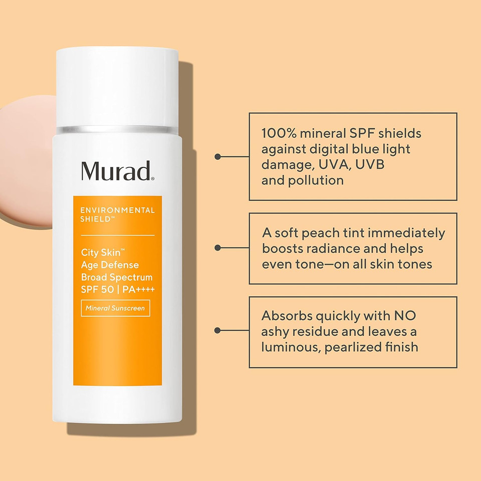 Murad Environmental Shield City Skin Age Defense Broad Spectrum Spf 50 Pa++++  100% Mineral Sunscreen With Lutein & Iron Oxides For Blue Light Defense, Uva/Uvb & Pollution Protection