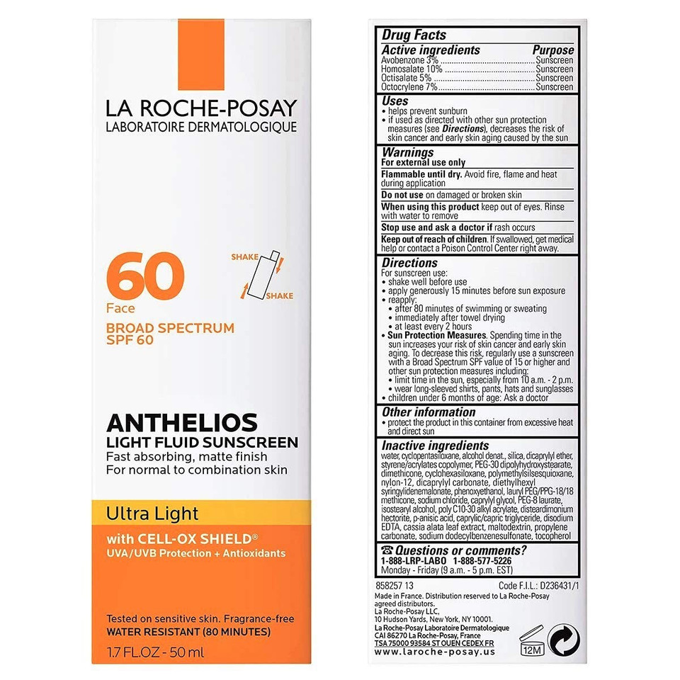 La Roche-Posay Anthelios Light Fluid Facial Sunscreen Spf 60, Lightweight Sunscreen For Face, Fluid Texture, Broad Spectrum Spf + Antioxidants, Oil Free & Oxybenzone Free, Travel Size 1.7 Fl. Oz
