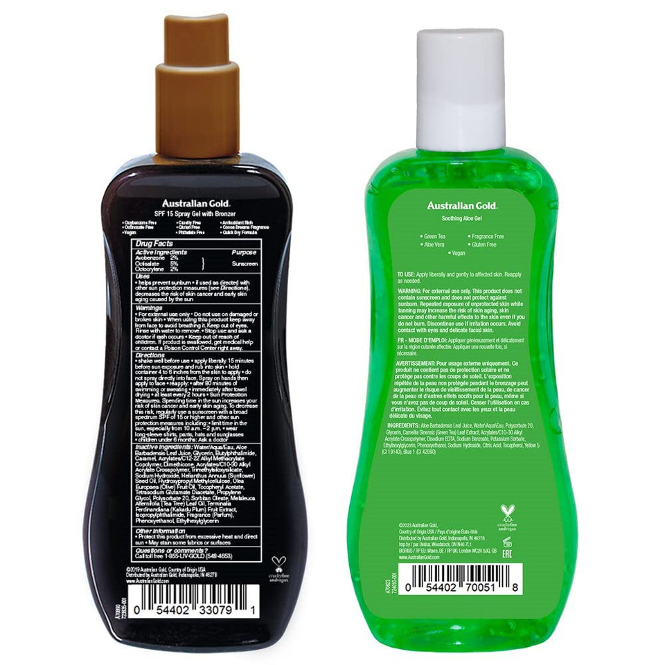 Australian Gold Sunscreen Gel Spray With Bronzer + Soothing After Sun Aloe Vera Gel, Hydrating Sunburn Relief & Broad Spectrum Uva/Uvb Spf 15 Sunscreen Spray, Water Resistant, Vegan Skin Care Set Australian Gold Sunscreen Gel Spray With Bronzer + Soothing After Sun Aloe Vera Gel, Hydrating Sunburn Relief & Broad Spectrum Uva/Uvb Spf 15 Sunscreen Spray, Water Resistant, Vegan Skin Care Set