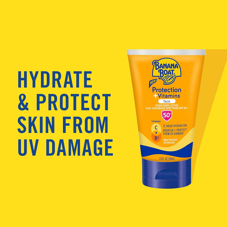 Banana Boat Protection + Vitamins Face Sunscreen Lotion Spf 50 | Travel Size Sunscreen For Face, Moisturizing With Vitamin C & Vitamin B3 Niacinamide, Spf 50 Sunblock Lotion, Fragrance Free, 2Oz