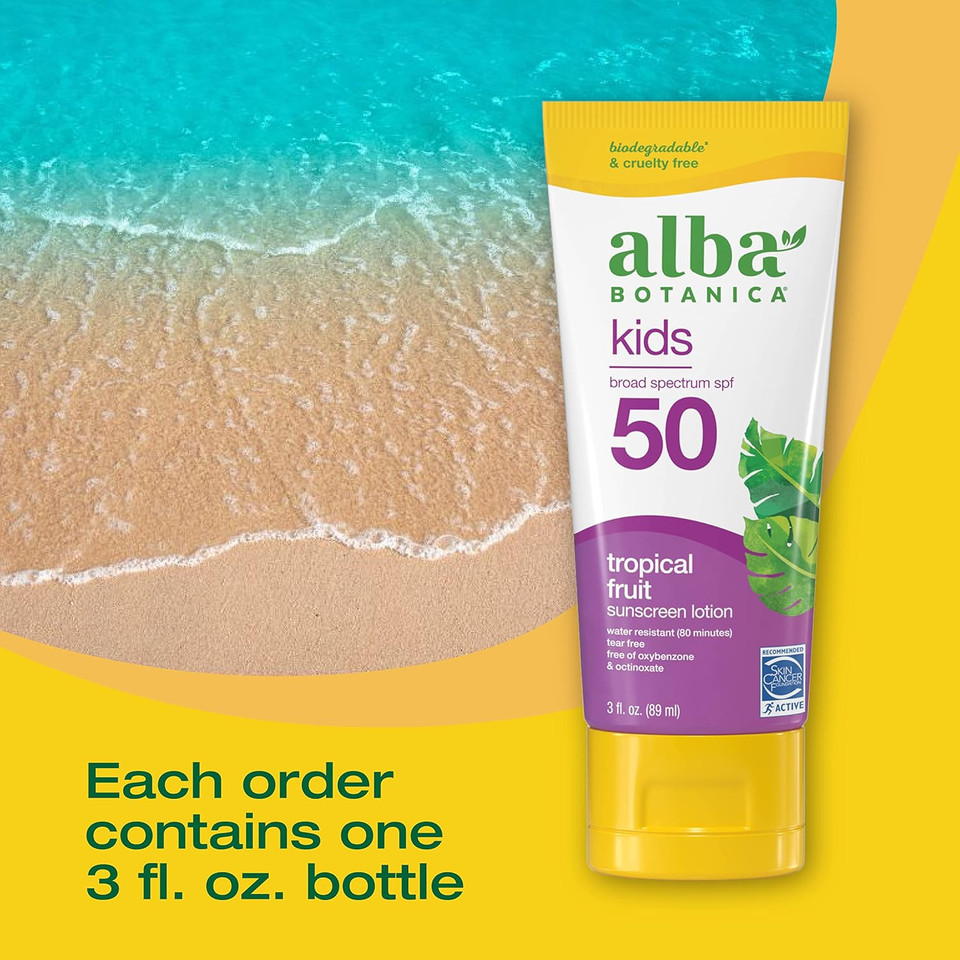 Alba Botanica Kids Sunscreen For Face And Body, Tropical Fruit Sunscreen Lotion For Kids, Broad Spectrum Spf 50, Water Resistant And Hypoallergenic, 3 Fl. Oz. Bottle