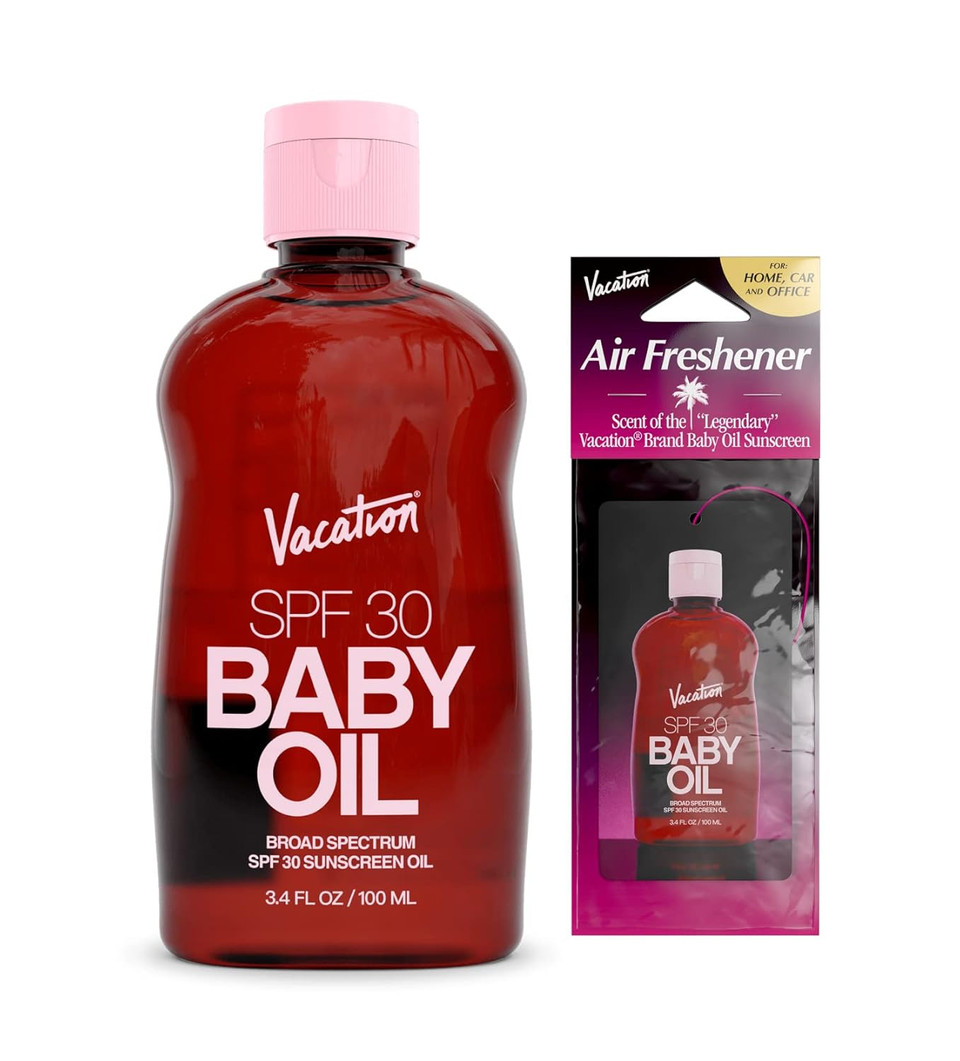 Vacation Baby Oil Spf 30 & Air Freshener Bundle, Hydrating & Nourishing, Mineral-Oil Free, Lightweight Formula, Transparent On All Skin Tones, Travel Size Sunscreen, 3.4 Fl. Oz