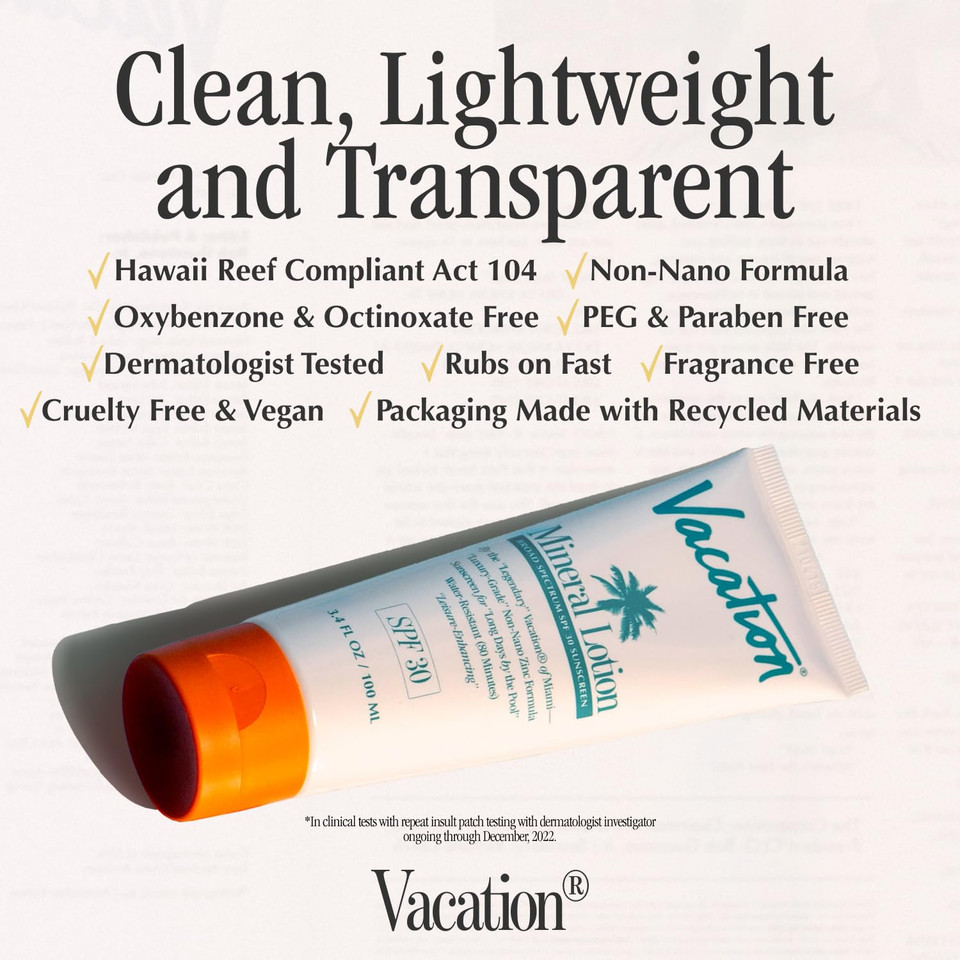 Vacation Mineral Lotion Sunscreen Spf 30 & Air Freshener Bundle, Non-Nano Zinc Oxide Formula, No White Cast, Water-Resistant, Dermatologist-Tested, Vegan, Travel Size, 3.4 Fl. Oz