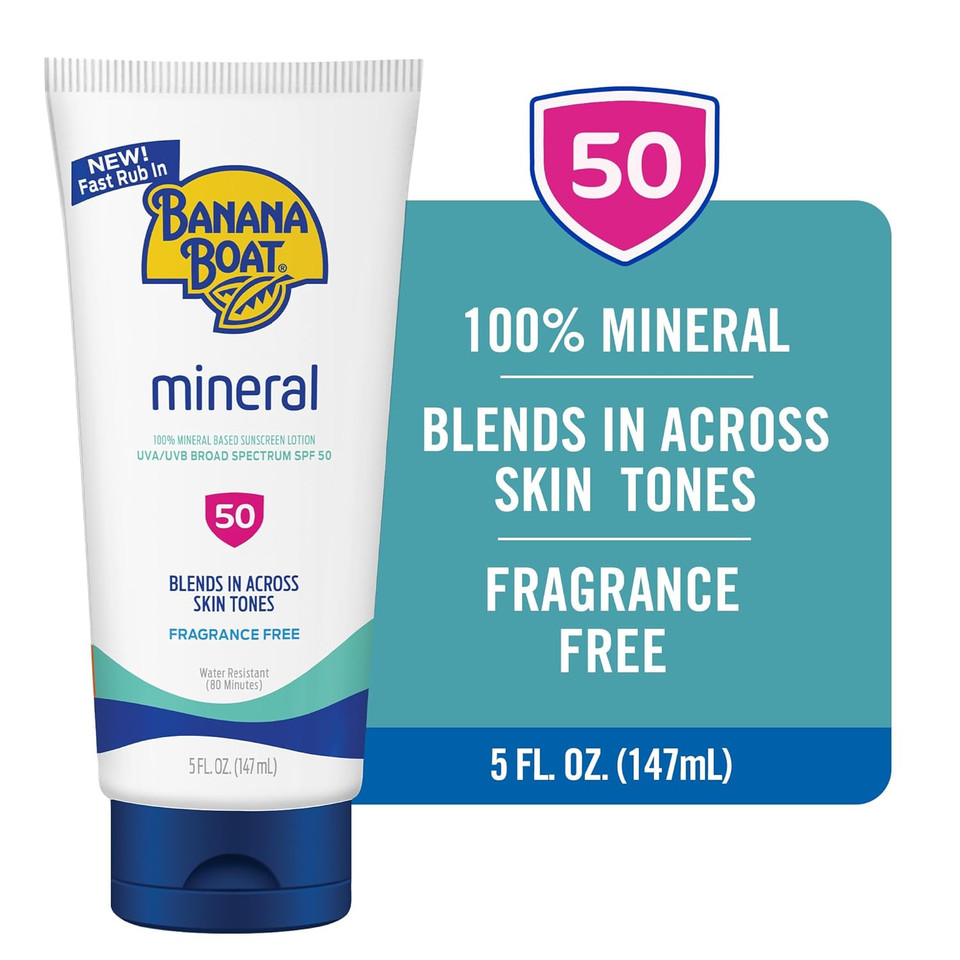 Banana Boat Mineral Sunscreen Spf 50 Lotion, 5Oz | Zinc Oxide Sunscreen Lotion, Beach Essentials, Spf 50 Sunblock, 5Oz