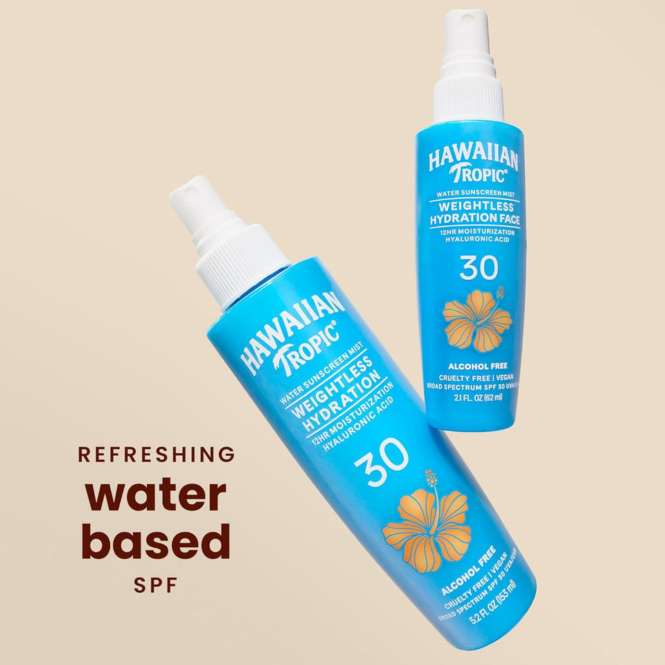 Hawaiian Tropic Weightless Hydration Water Mist For Body Spf 30, 5.2Oz | Hawaiian Tropic Body Spray Sunscreen Mist, Water Based Spf 30, Non-Aerosol Sunscreen Spray, 5.2Oz