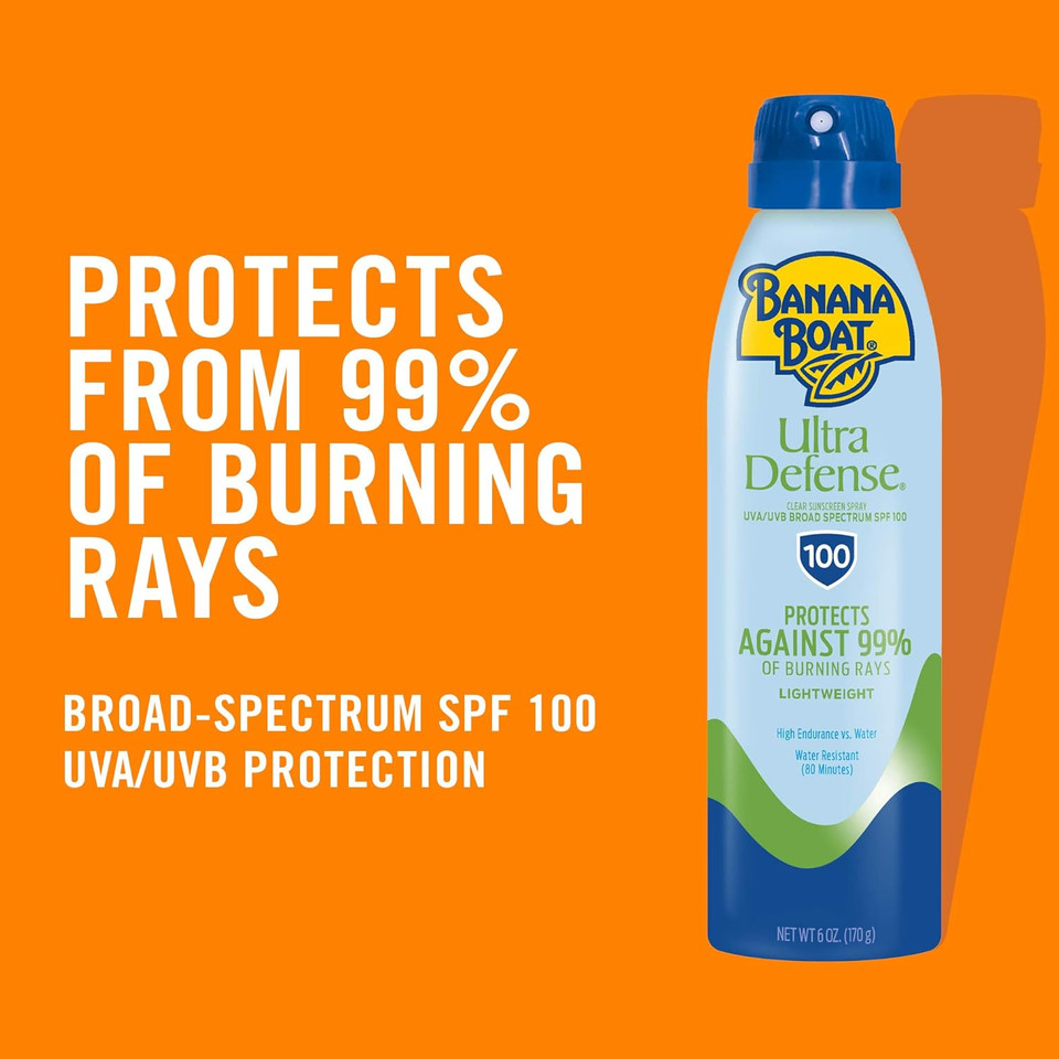 Banana Boat Ultra Defense Clear Sunscreen Spray Spf 100, 6Oz | Lightweight Sunscreen, Banana Boat Spf 100, Water Resistant, 6Oz