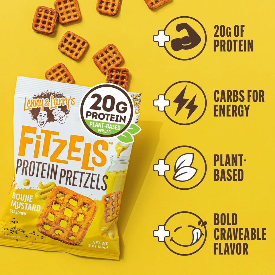 Lenny & Larry'S Boujie Mustard Fitzels- Savory Pretzel Snacks Incredibly Tasty, High Protein, Salty, Vegan, 20 G'S Of Plant Based Protein 8 (Eight) Bags, 3 Oz Each