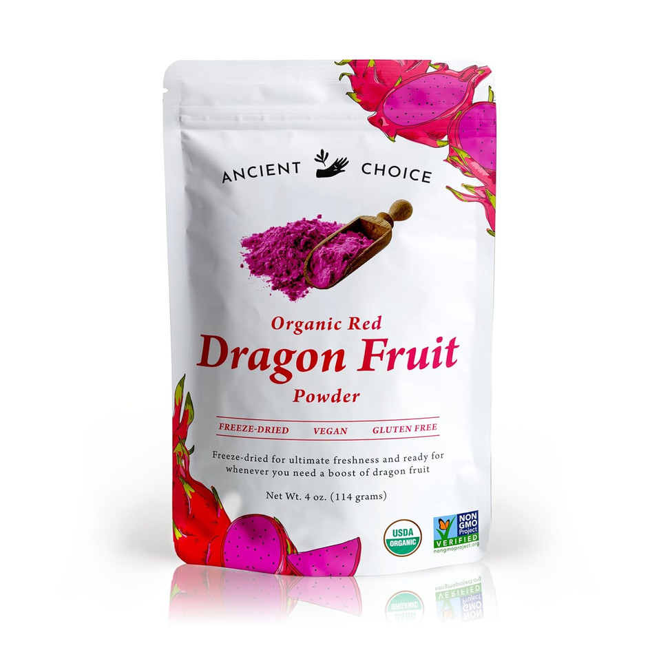 Ancient Choice - Red Dragon Fruit Powder (4 Ounces) | Usda Organic Freeze Dried | Non-Gmo Pitaya | Natural Food Coloring | Vegan Pink Superfood | Vegetarian | Smoothie | Baking | Fiber | Prebiotic