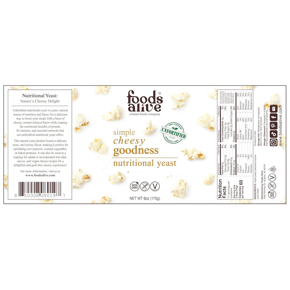 Foods Alive Nutritional Yeast Flakes - (6Oz Shaker) Non Fortified And Gluten Free Plant Based Protein, Great Vegan Cheese Powder And Popcorn Seasoning, Flavor Booster For Keto And Whole Foods!