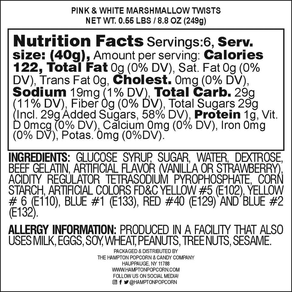 The Hampton Candy Company Blue & White Marshmallow Twists, 8.8 Oz. Bag, Blue Candy, Bulk Marshmallows